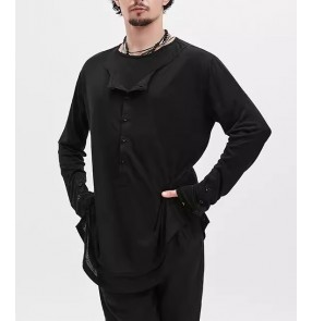 Men's latin dance shirts black white long sleeves waltz tango chacha flamenco performance tops 